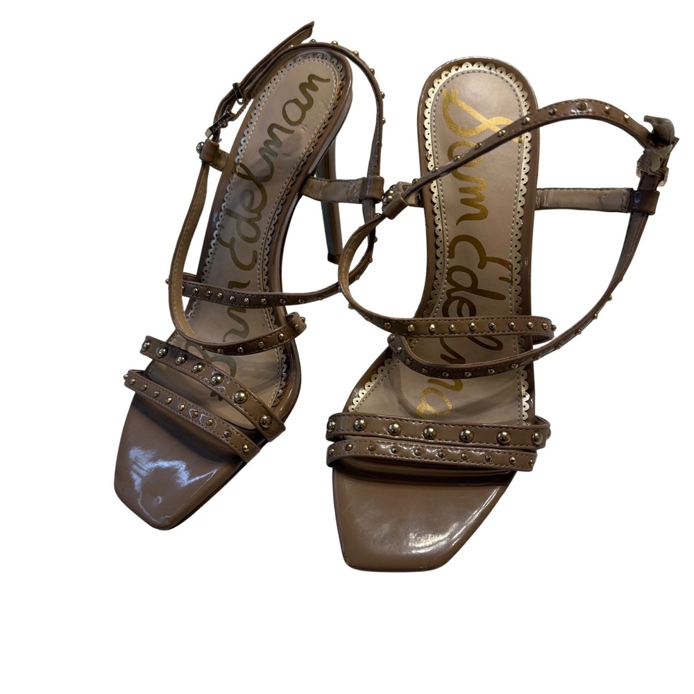 Sam Edelman Studded Strappy Sandals Womens 7 Tan Patent Leather Good Square Toe